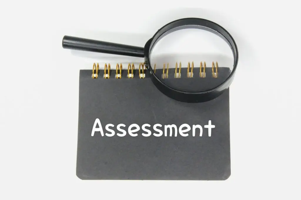 magnifying glass, notebook and word assessment
